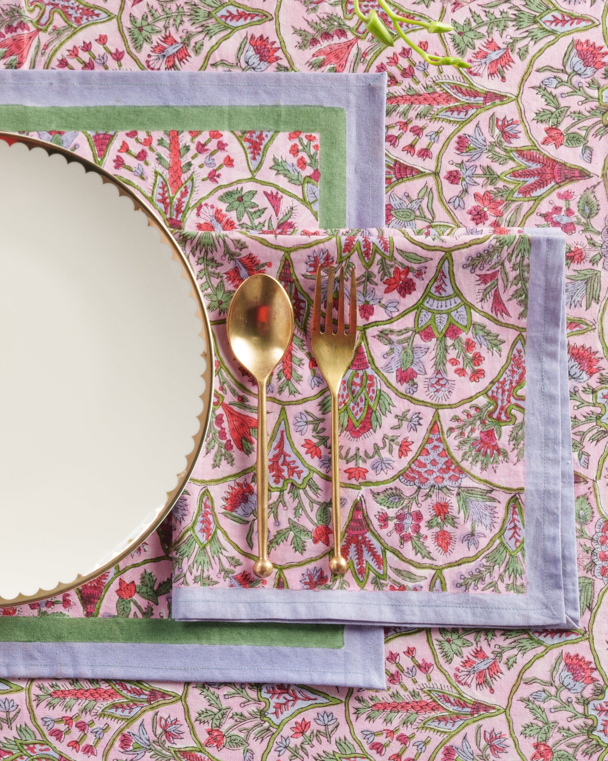 Pink arch blockprint napkins set of 4 with gold spoon/fork from Inner Child
