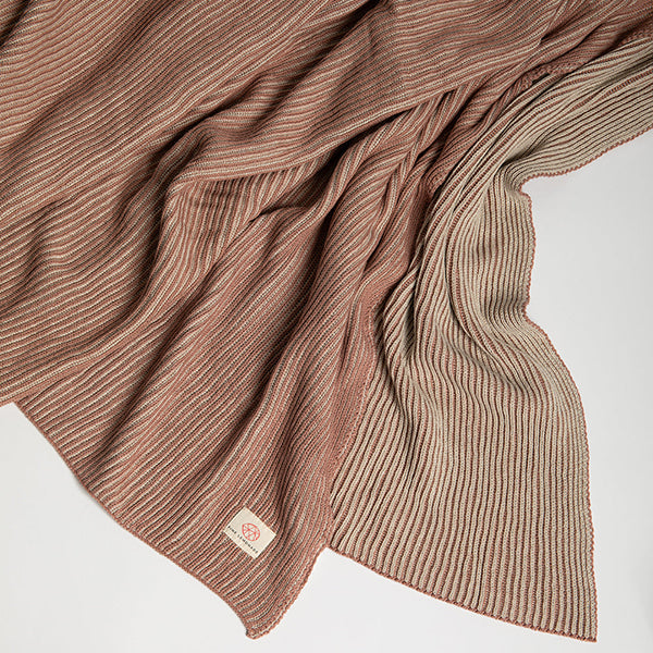 Pink and brown ribbed knit throw blanket spread out on a a white background.