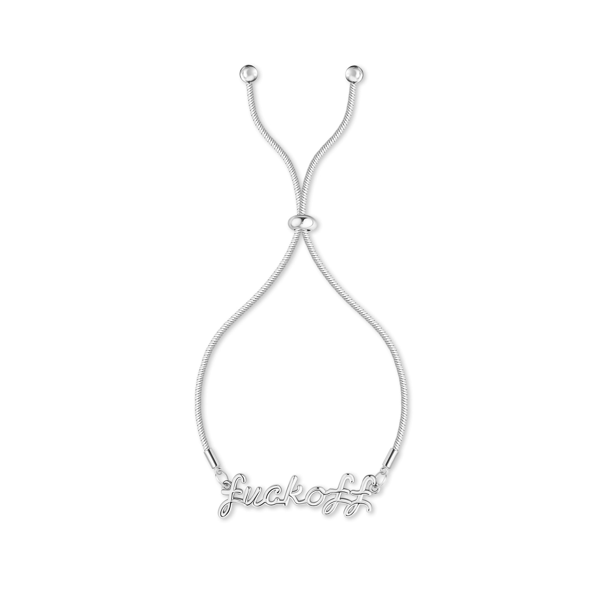 A gold-plated or silver bracelet with a bold, decorative lettering charm, adjustable chain, and a sliding bead for tightening or loosening.