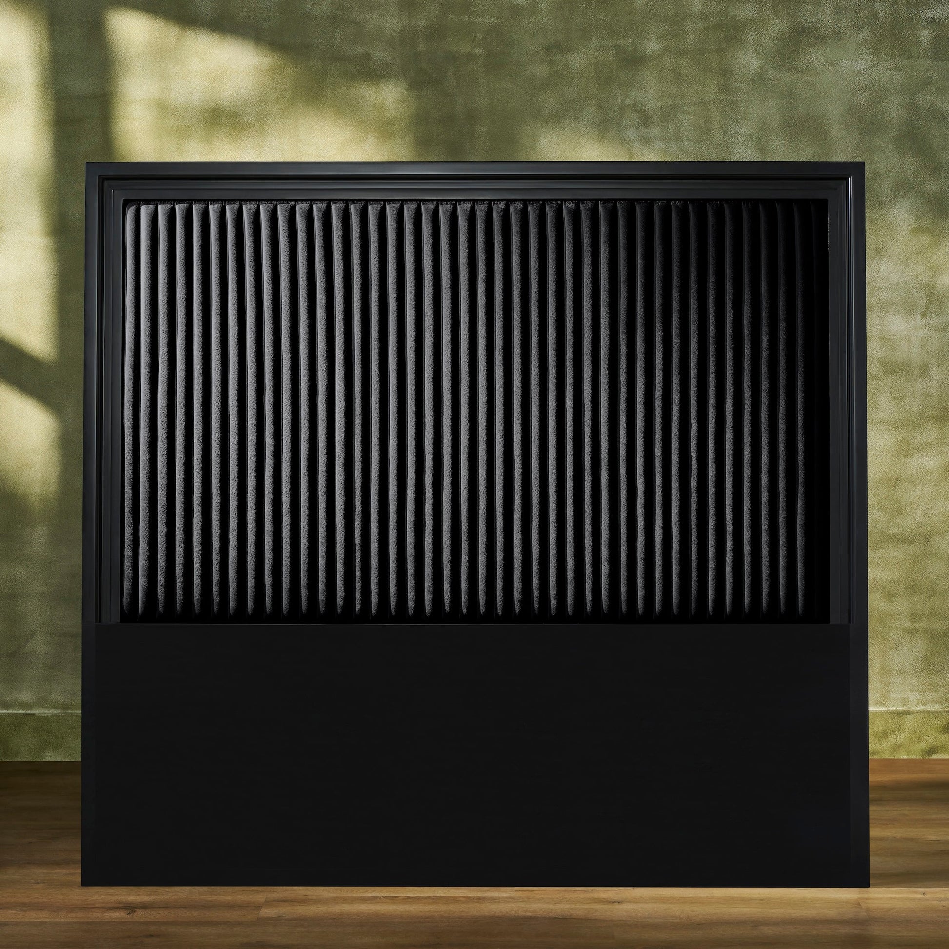 FN-5212-6080_1|Stylish black fluted leather headboard with vertical channels in a robust black frame, enhancing bedroom decor.