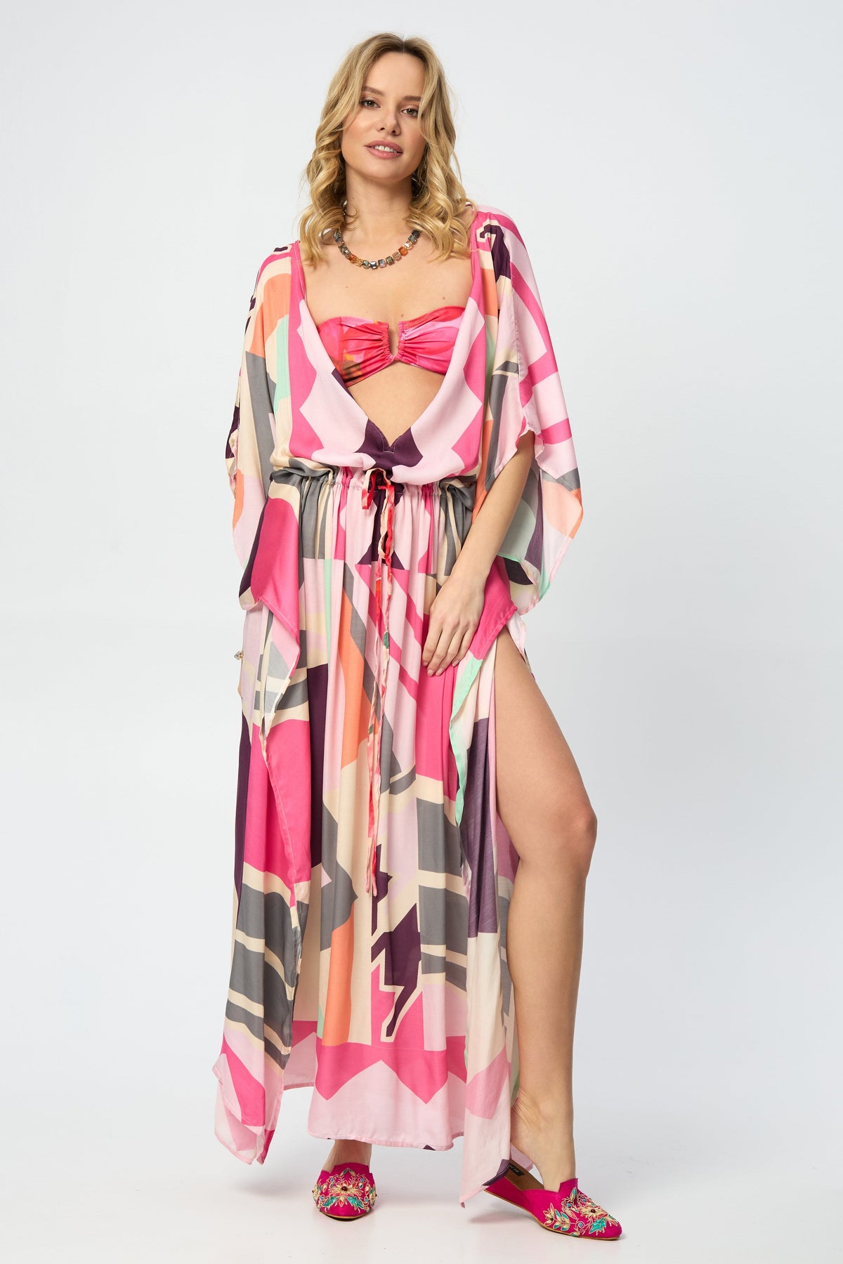 Multicolored Geo Tie Waist Keyhole Kaftan - Pink