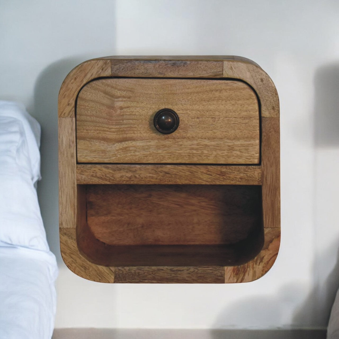 Extra Mini Curved Oak-ish Bedside Table