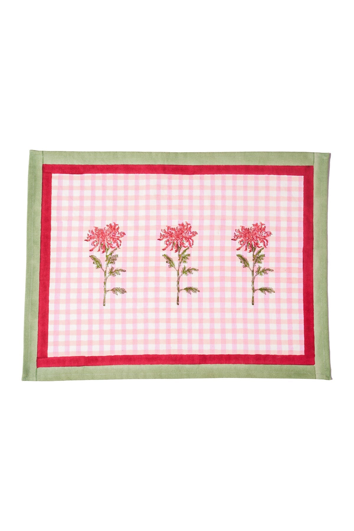 Pink gingham blockprint placemat with red border, green edge, three dahlia flowers - Inner Child