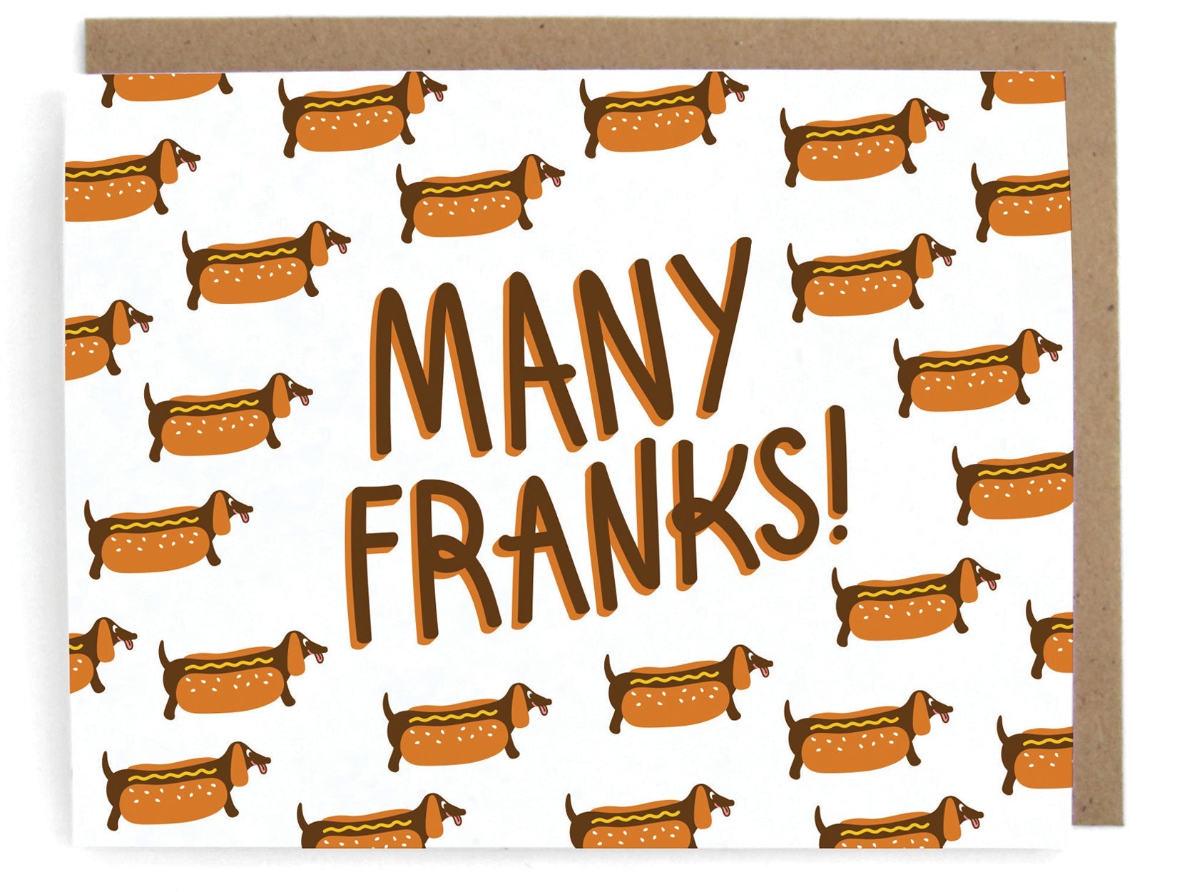 White card with a doxie hot dog pattern, featuring the phrase "Many franks!" with a brown envelope