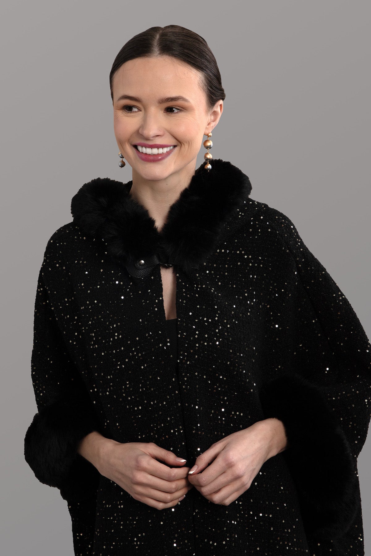 Sequin Kimono Faux Fur Hood - Black