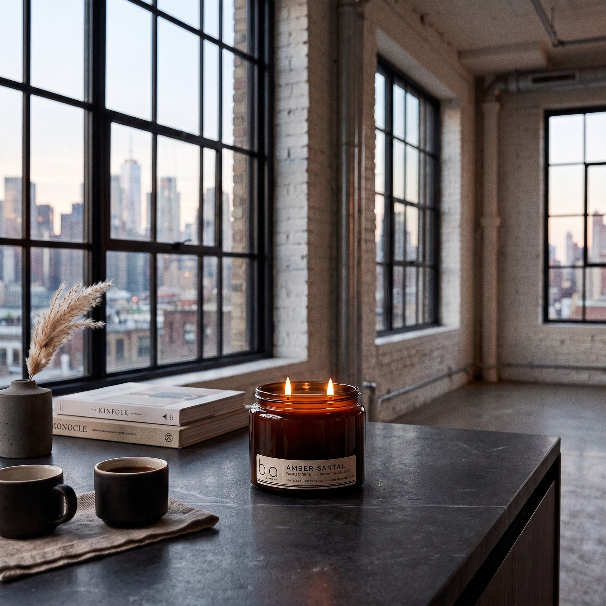 A lit amber glass jar candle sits on a dark countertop in a loft-style room with large black-framed windows overlooking a city skyline. A book, a small vase with dried grass, and two dark mugs are nearby.