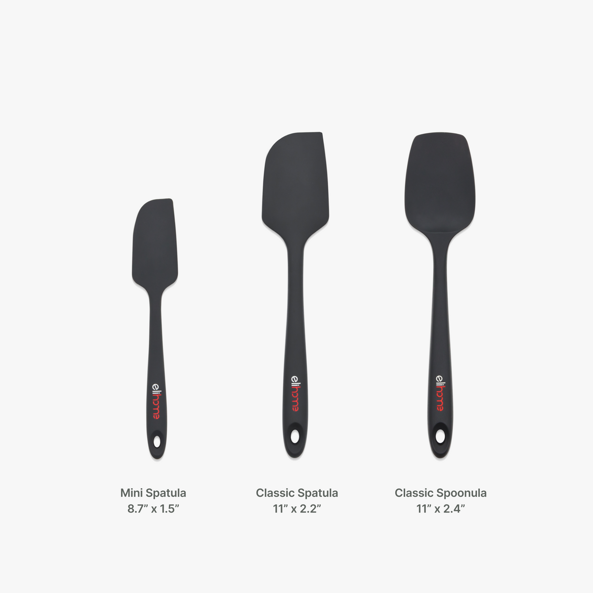 Elihome 3 Piece Silicone Spatula Set size chart showing the Classic Spatula, Classic Spoonula and Mini Spatula with their measurements