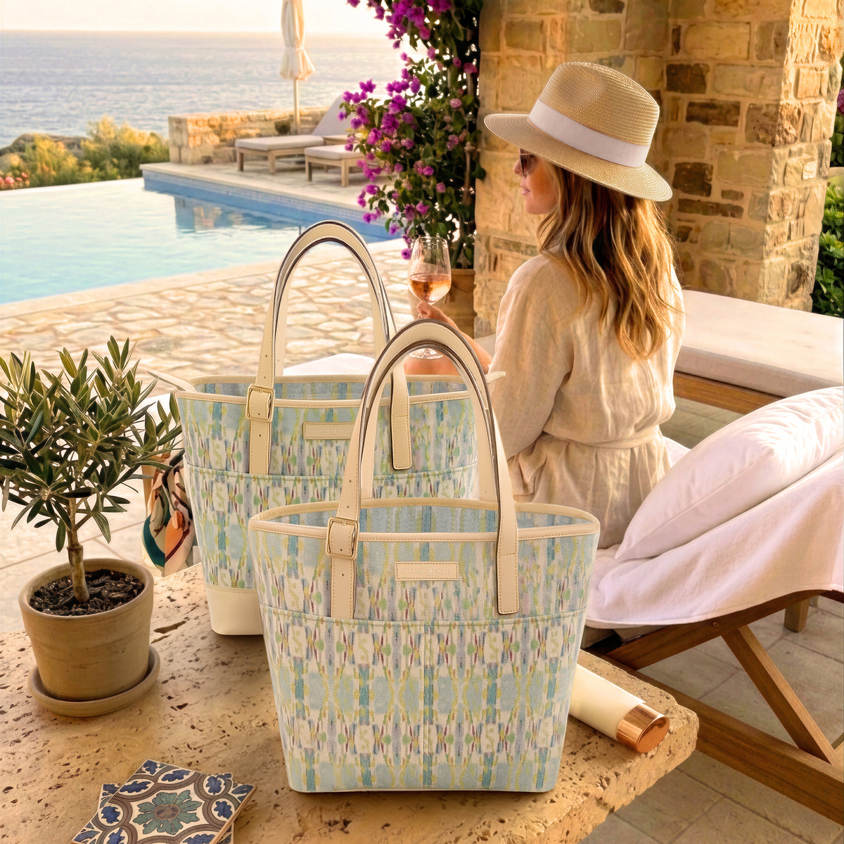 Windward Medium Canvas Tote with Leather Trim and Leather Base Panel & Zipper Closure