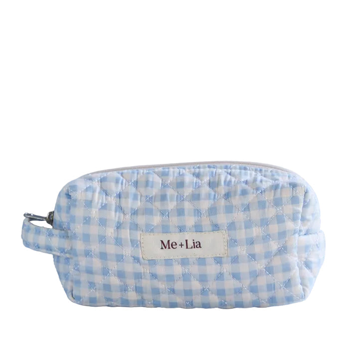 Gingham Blue Make-up Pouch Small — blue gingham quilted cotton cosmetic pouch with Me + Lia label
