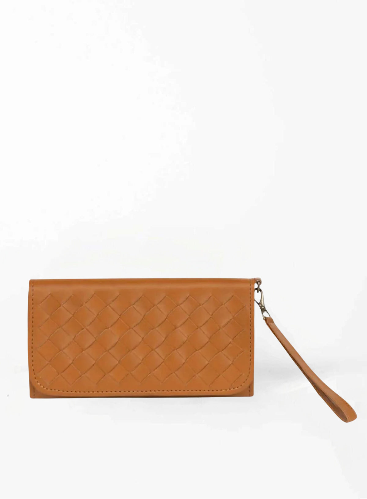 woven wristlet wallet from ethically crafted accessories in mango from fall collection showcasing front view.