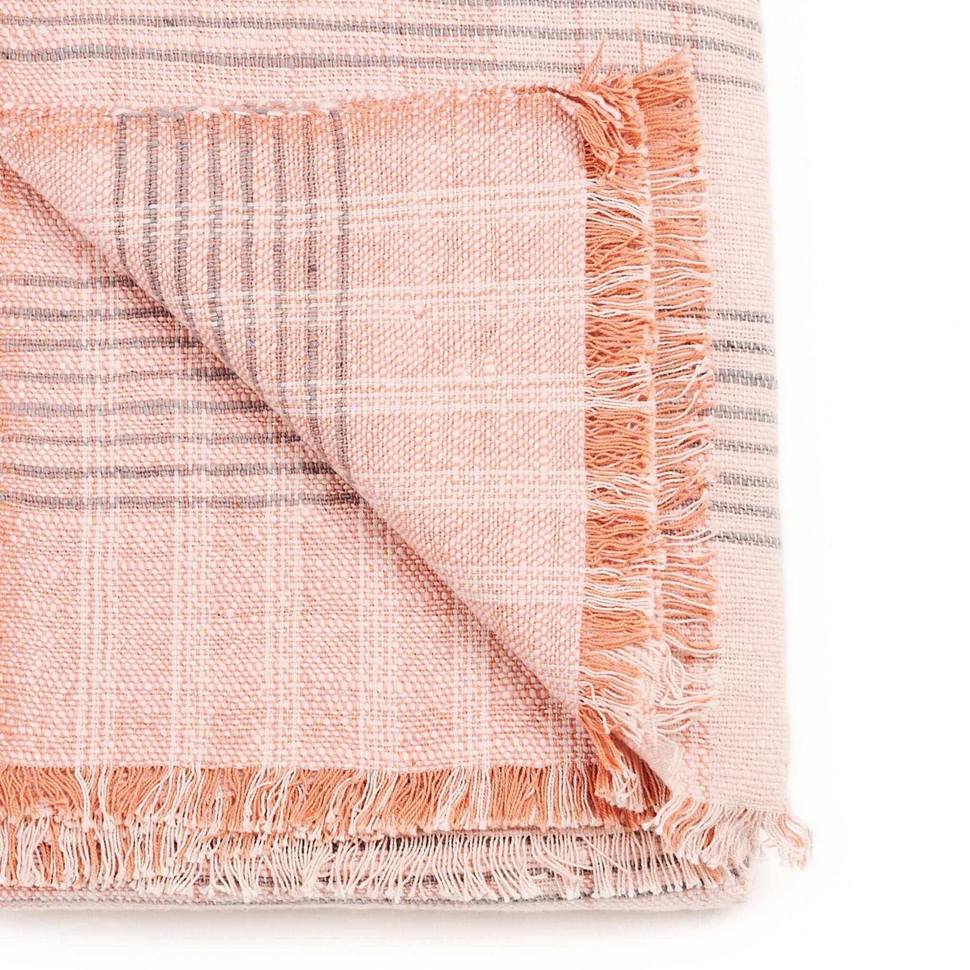 Silica Rose In Shades of Salmon Pink Gray Stripes Pattern Soft Handwoven Merino Throw close-up weave detail.