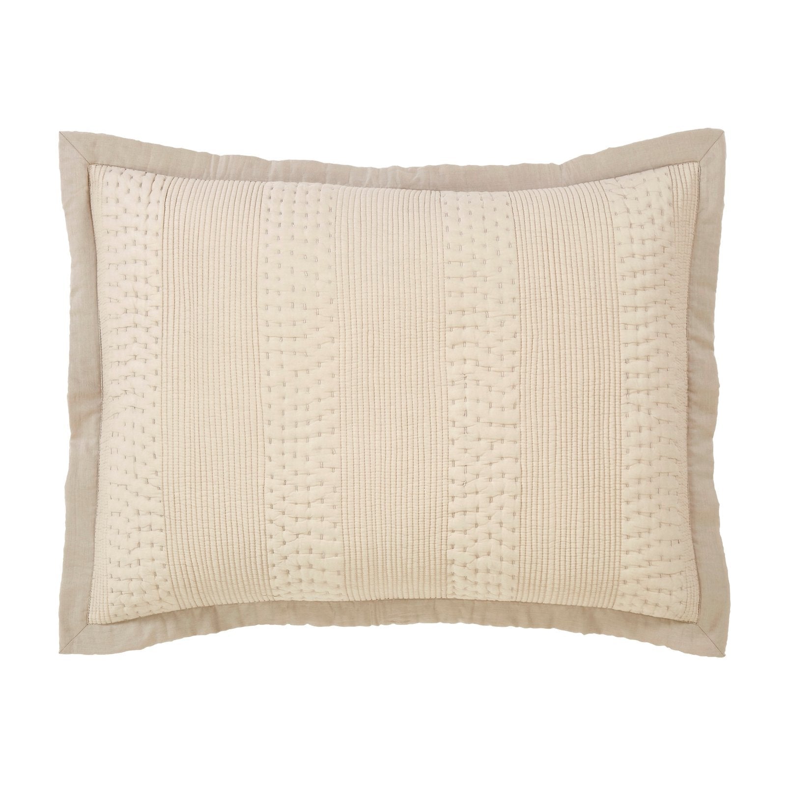 SS-164-2026_1|Luxurious neutral beige quilted coverlet featuring an elegant vertical stripe pattern and a stylish framed border. Perfect for modern bedding.