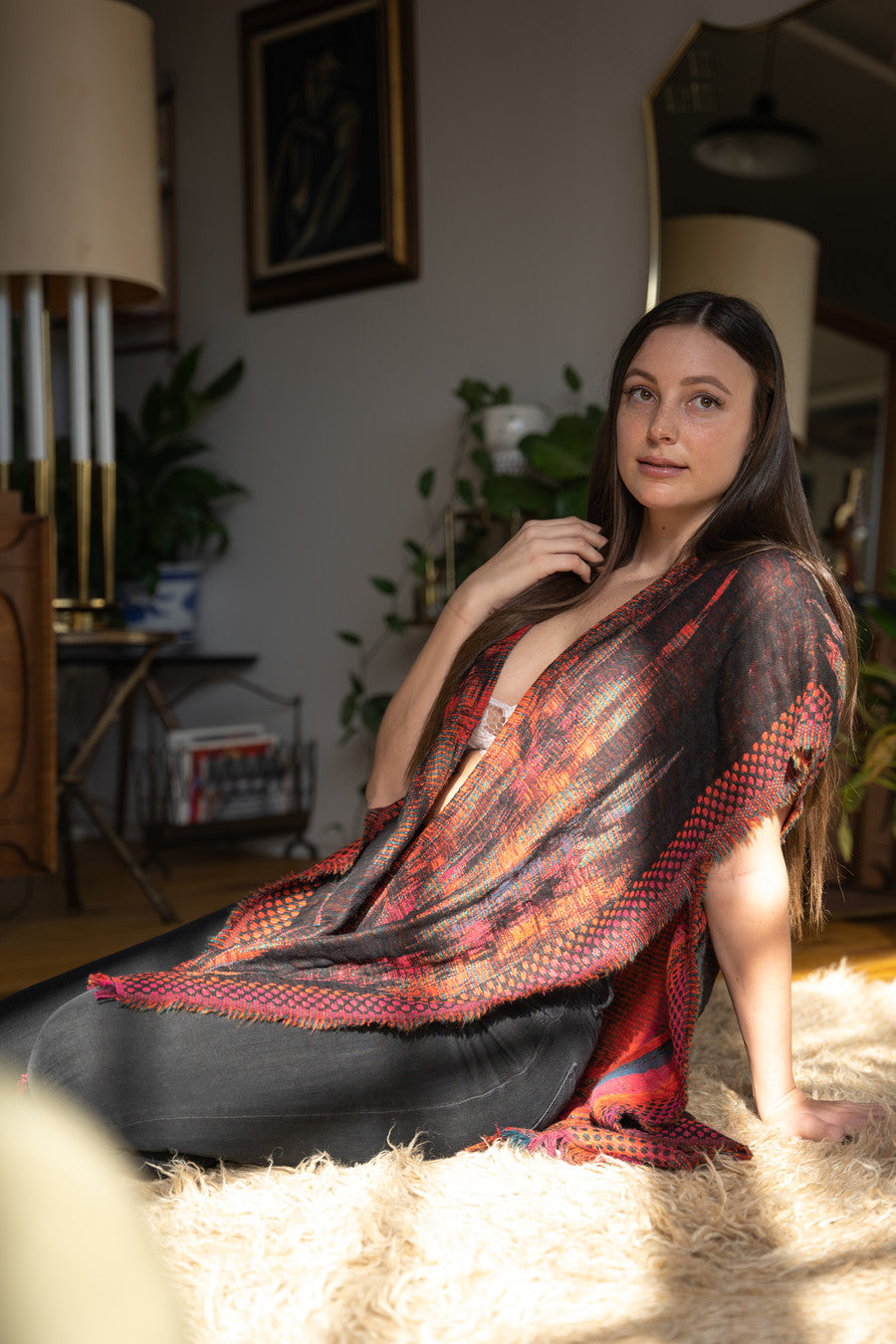 Woven Fringed Kimono - Dark Red