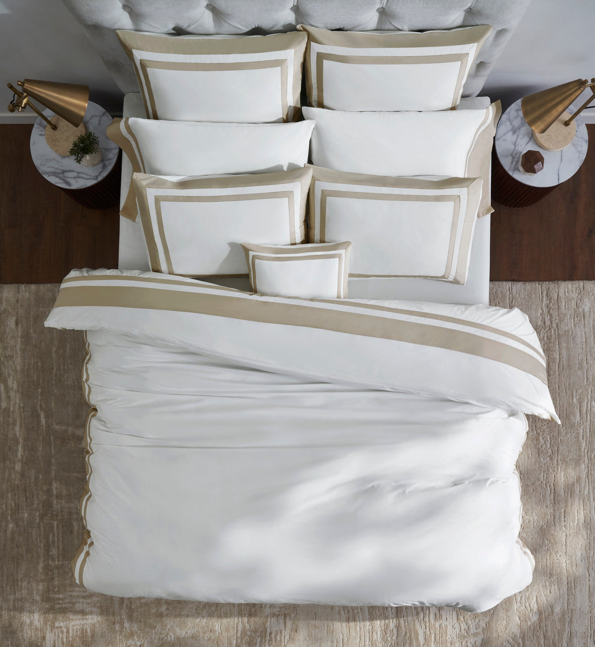 DT-066-6886_3|Luxurious white duvet cover with elegant double tan border trim, enhancing any sophisticated bedroom decor.