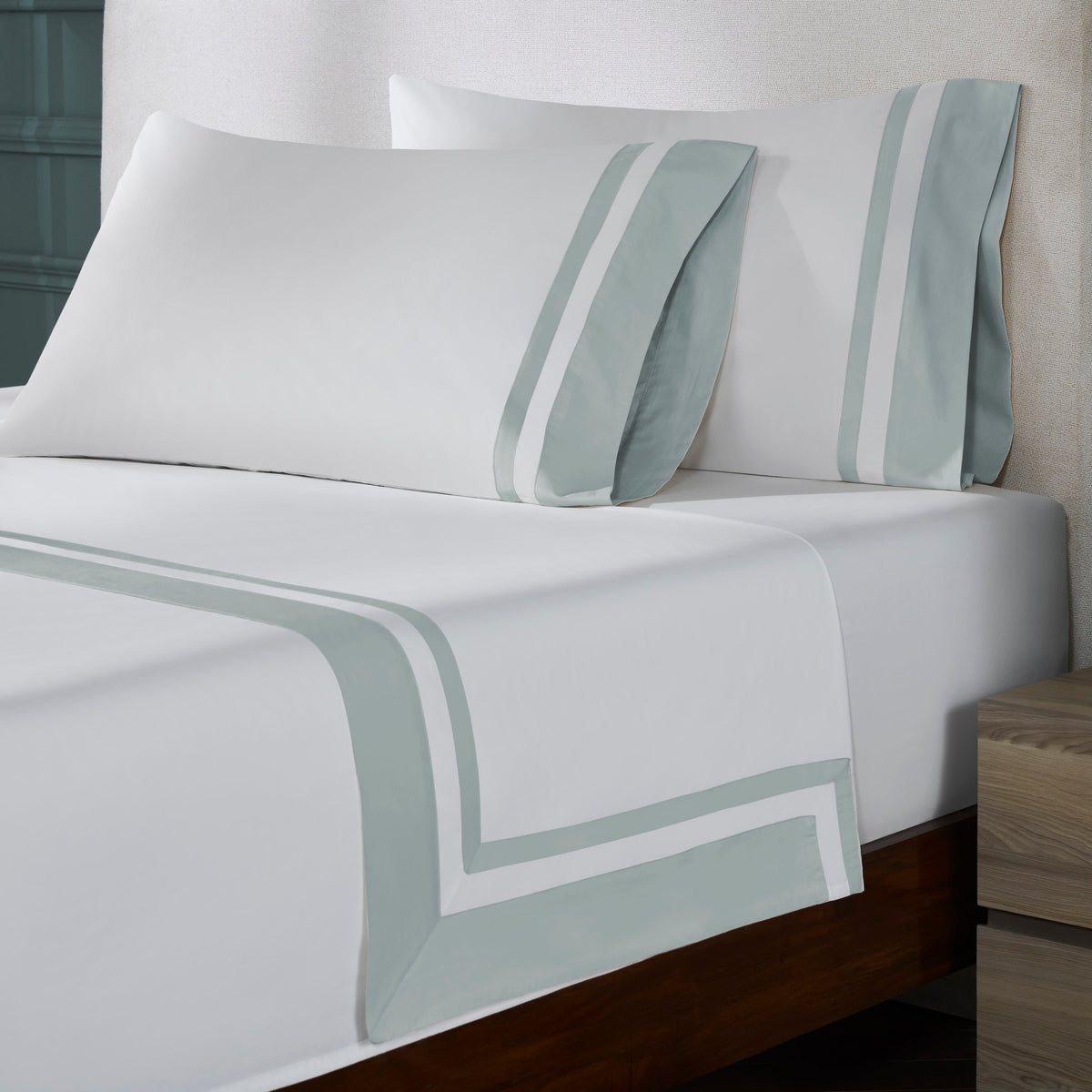 KFL-541-7880_2|Luxurious 100% cotton sheets, white with elegant light blue double border stripe, perfect for a serene bedroom, soft and breathable.