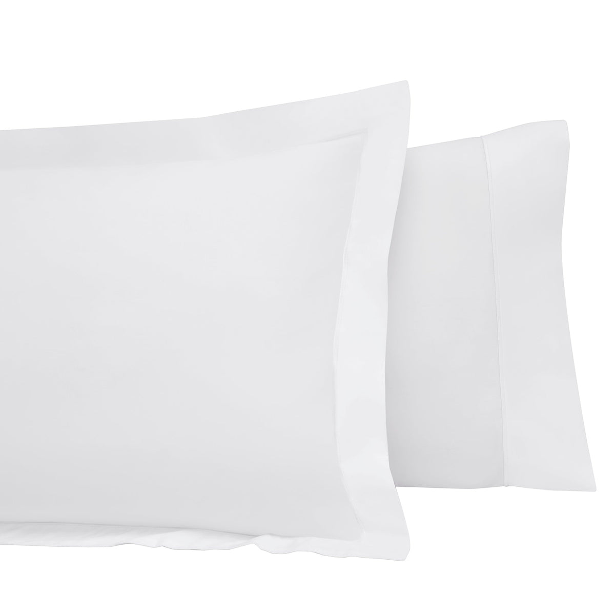 AKP-532-2040_3|White 100% cotton flat sheet and two pillowcases with sateen weave and light green piping detail along the top border.