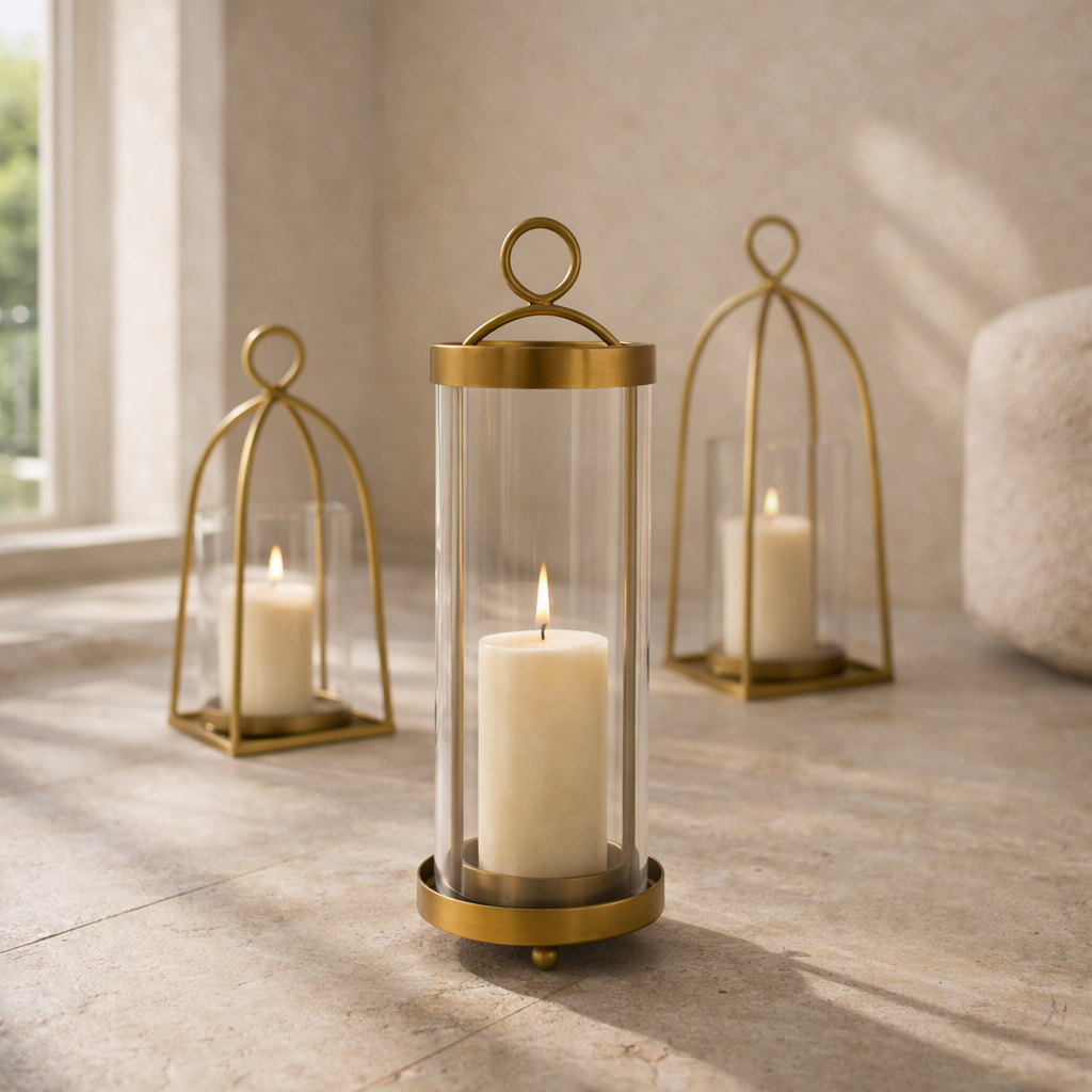 Three gold lanterns with white candles on a wooden floor.
