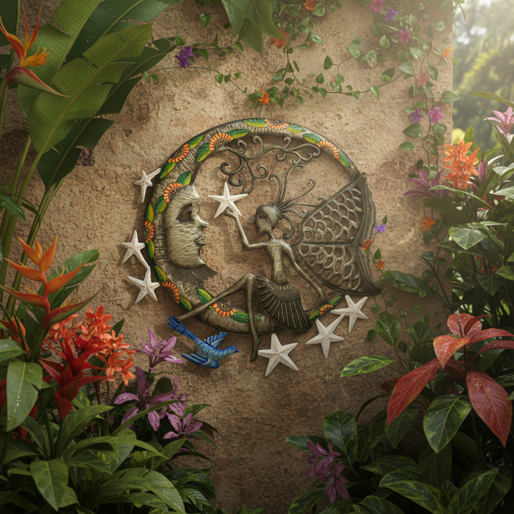 Painted Heavenly Bodies Haitian metal art hanging on garden wall with tropical plants