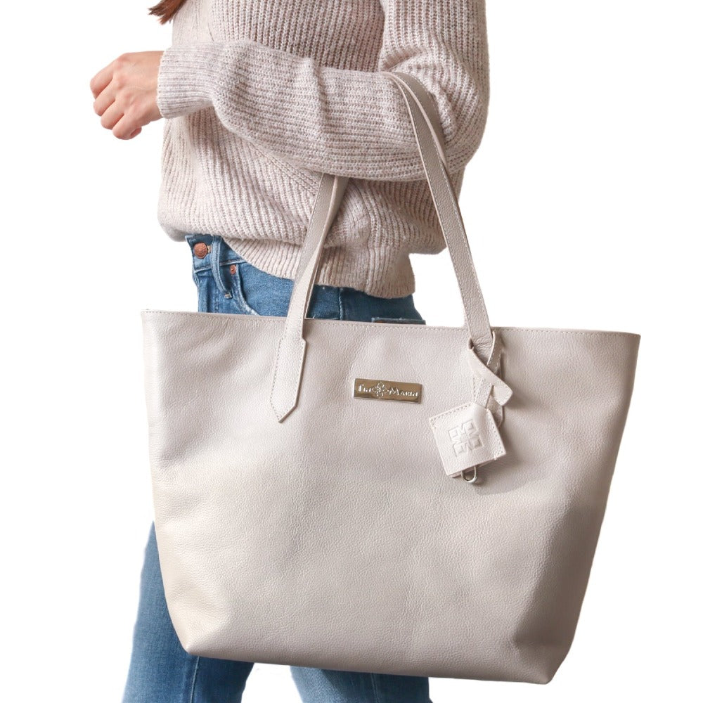 martina leather tote in taupe color, grey leather tote, laptop bag, laptop tote, work bag, travel bag, carry all bag, grained leather, artisan made.