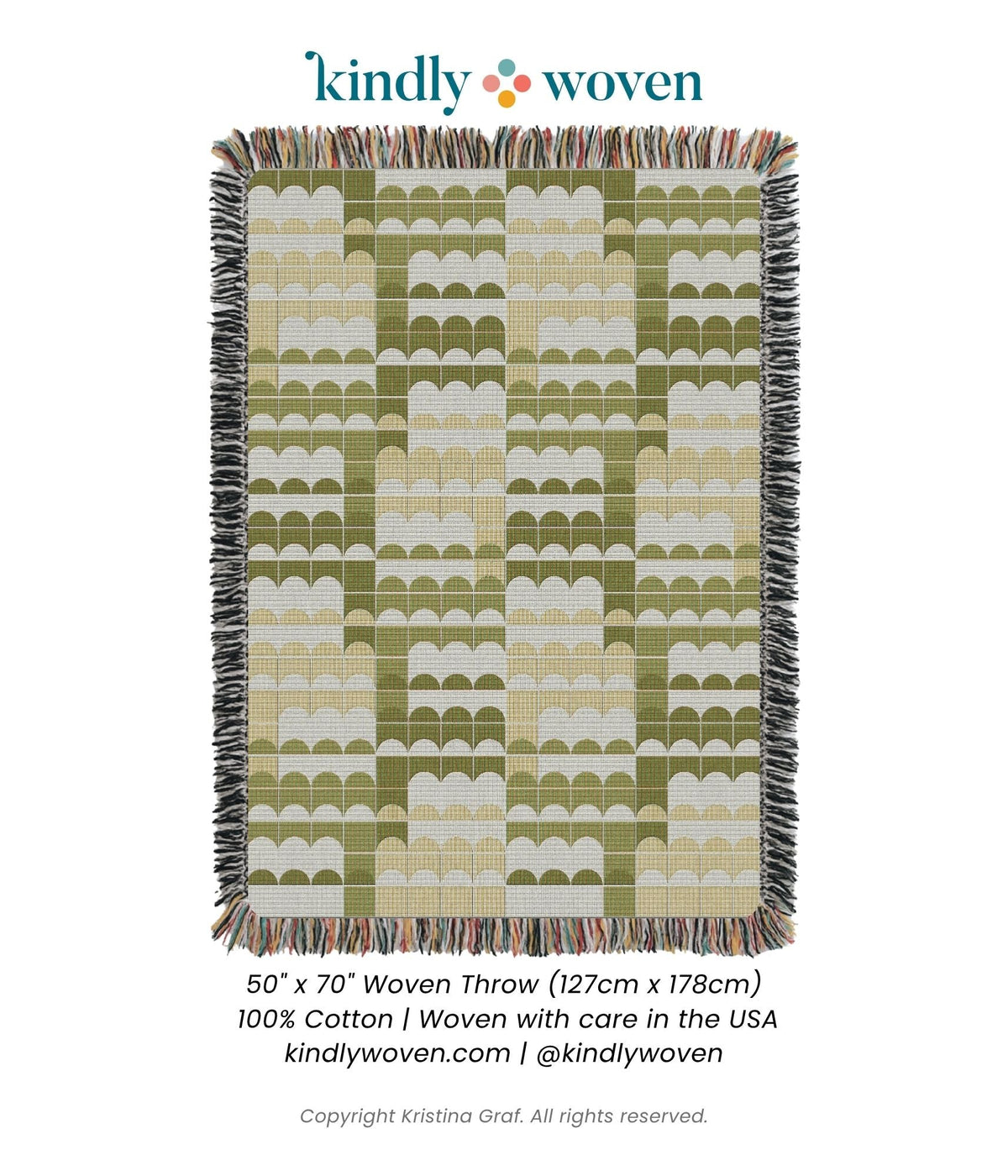 Quinn Meadow product card showing the full green geometric scallop woven throw blanket
