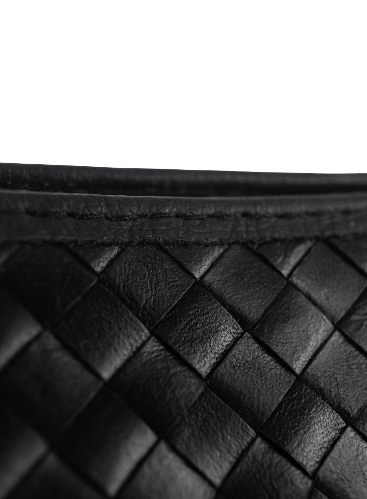 Close-up of black woven shoulder bag detail, fall/winter collection.
