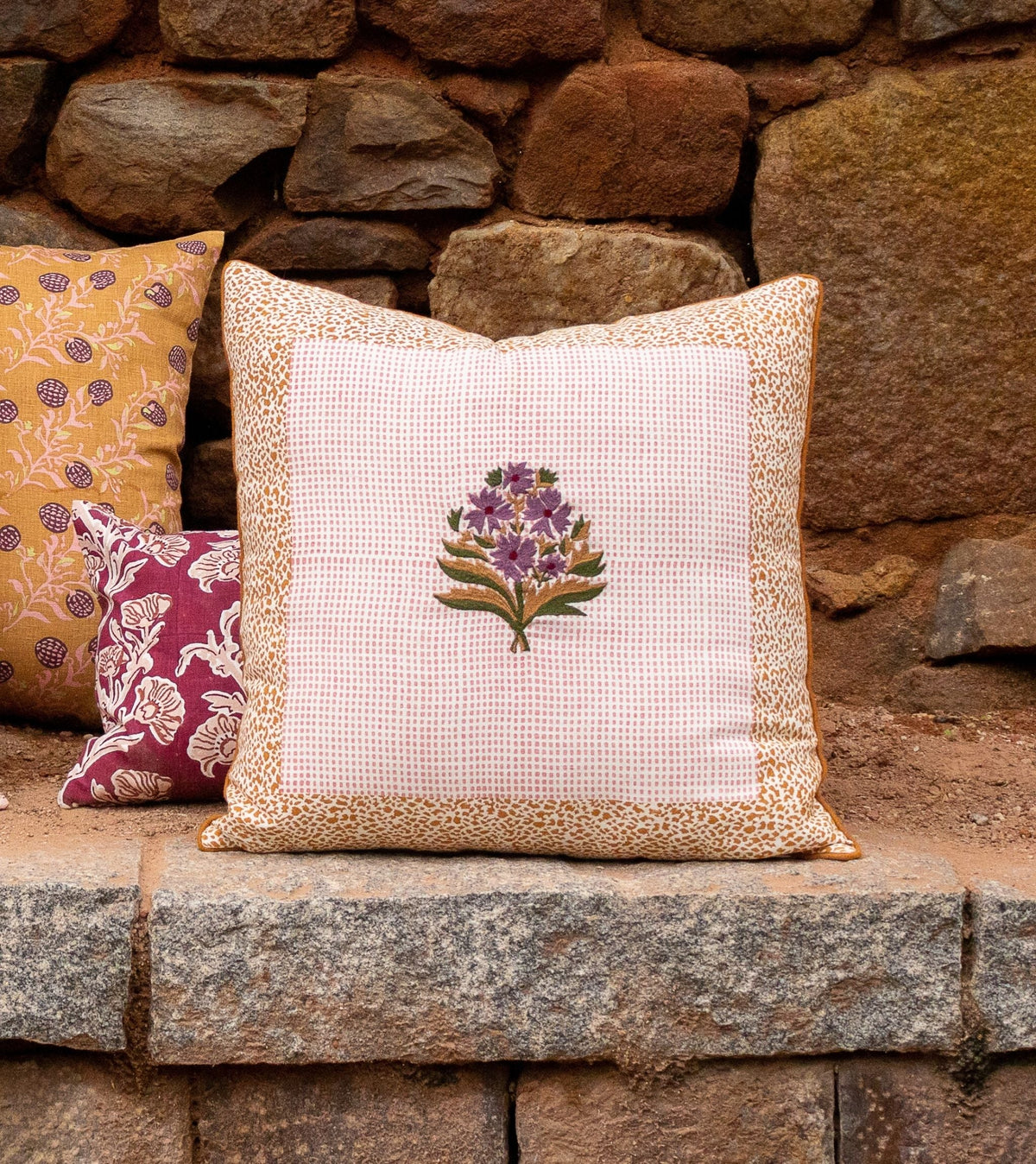 Rumi Floral Embroidered Linen Pillow Cover – Pink & Biscuit Brown