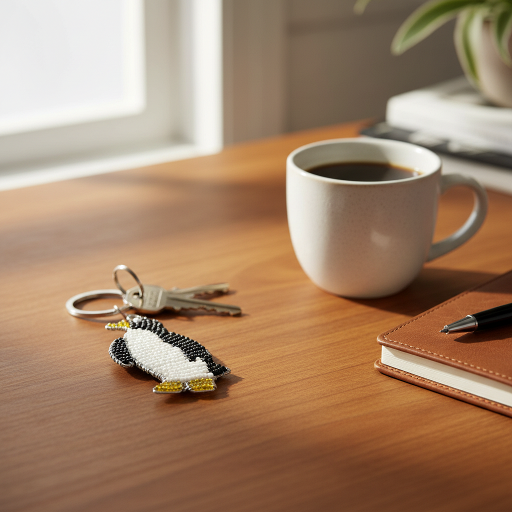 Penguin keyring on keys with coffee mug and notebook on wooden desk
