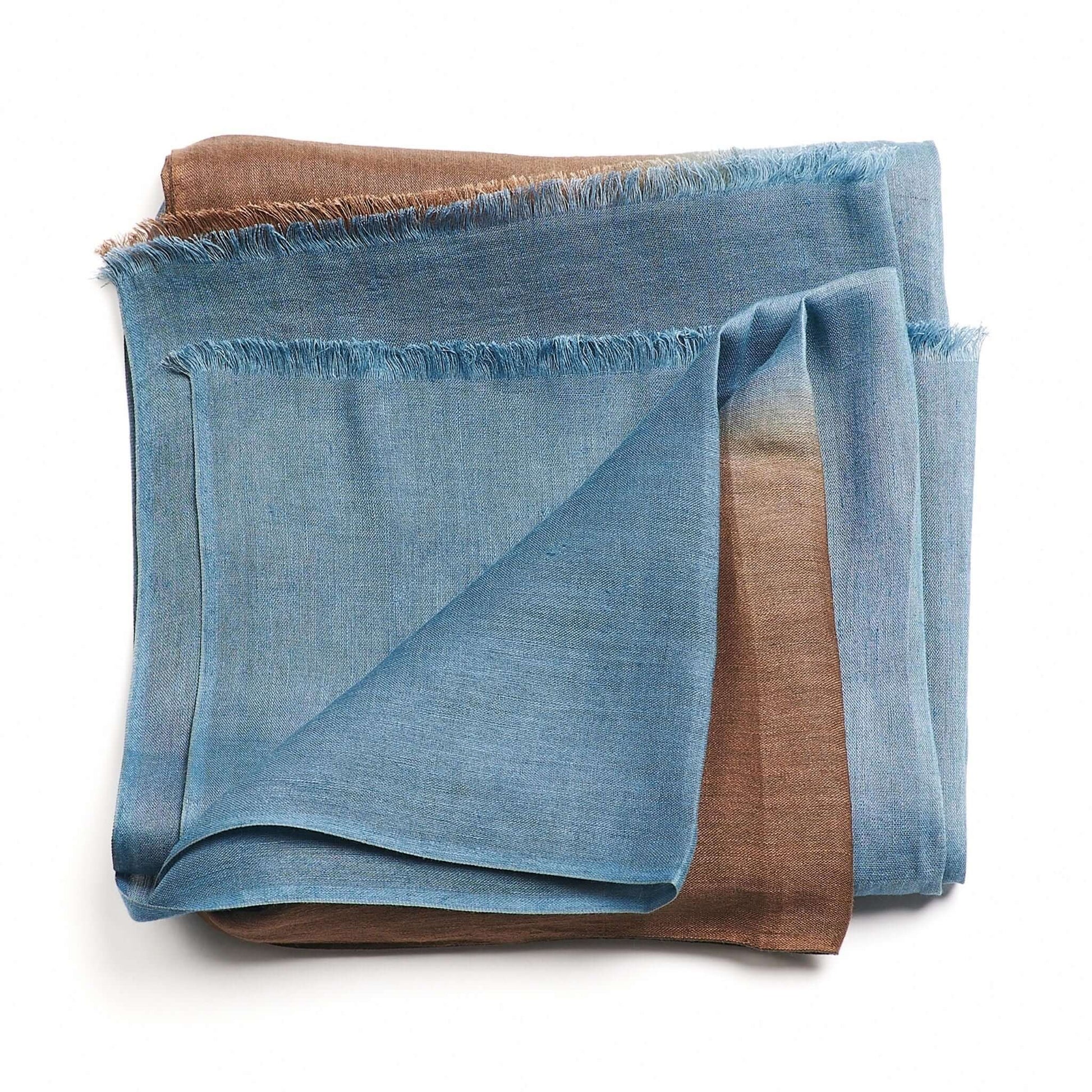 Mahogany Sky Brown Blue Ombre Linen Silk Handloom Scarf showcasing a blend of soft brown and blue hues, handwoven in Nepal.