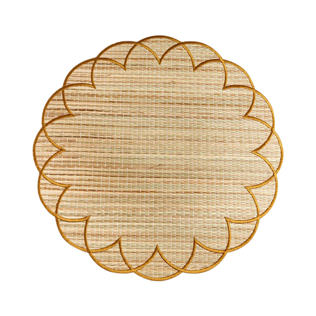 Bali straw placemat with colorful woven accents in gold by Talah Home — bohemian natural fiber table decor