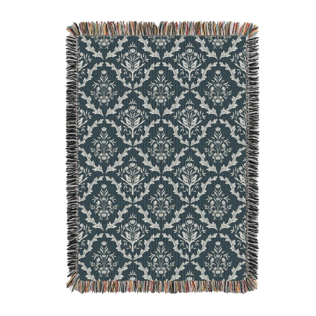 Full view of Isobel Thistle teal and cream floral botanical woven throw blanket