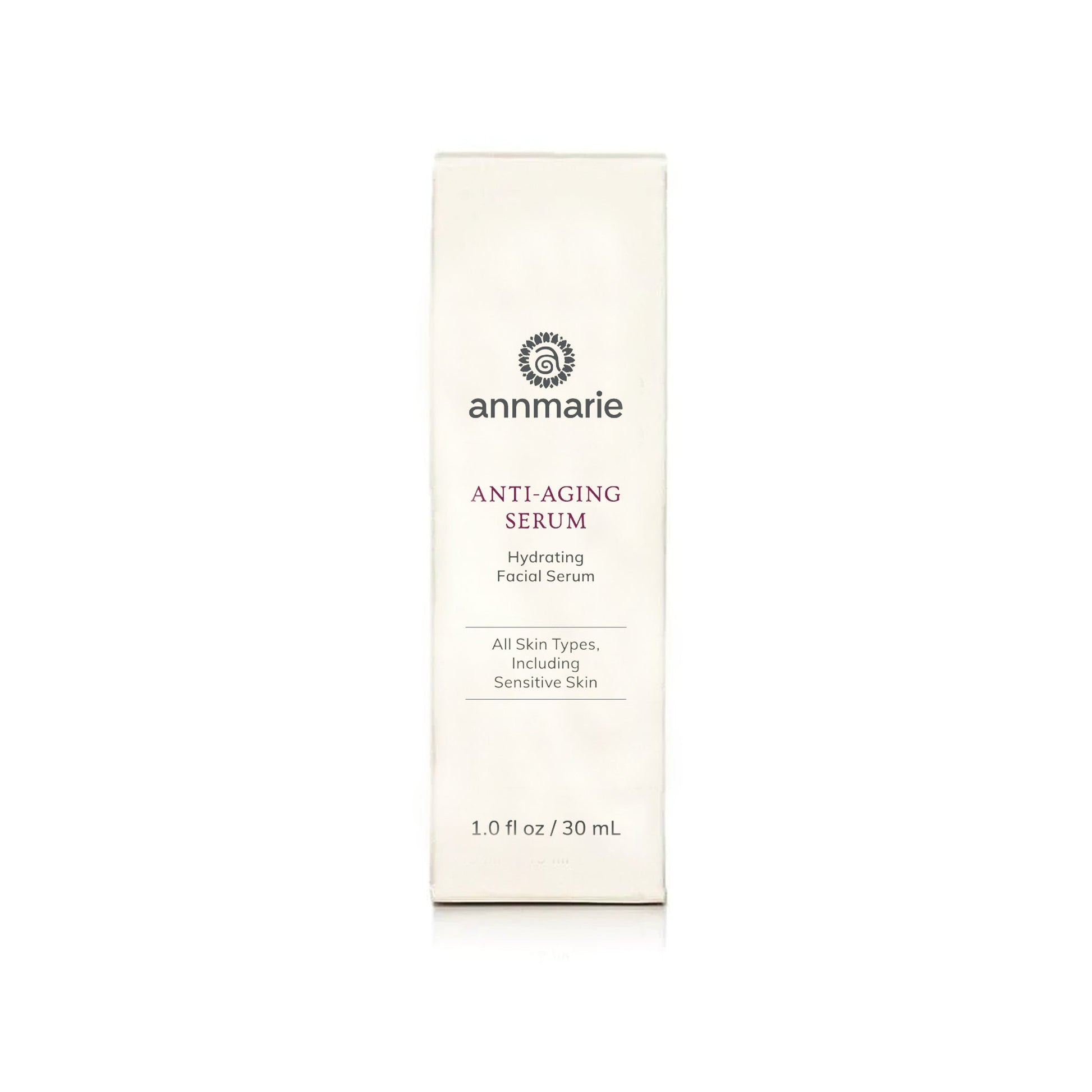 Annmarie Skin Care Anti-Aging Serum box packaging for hydrating facial serum, suitable for all skin types.

