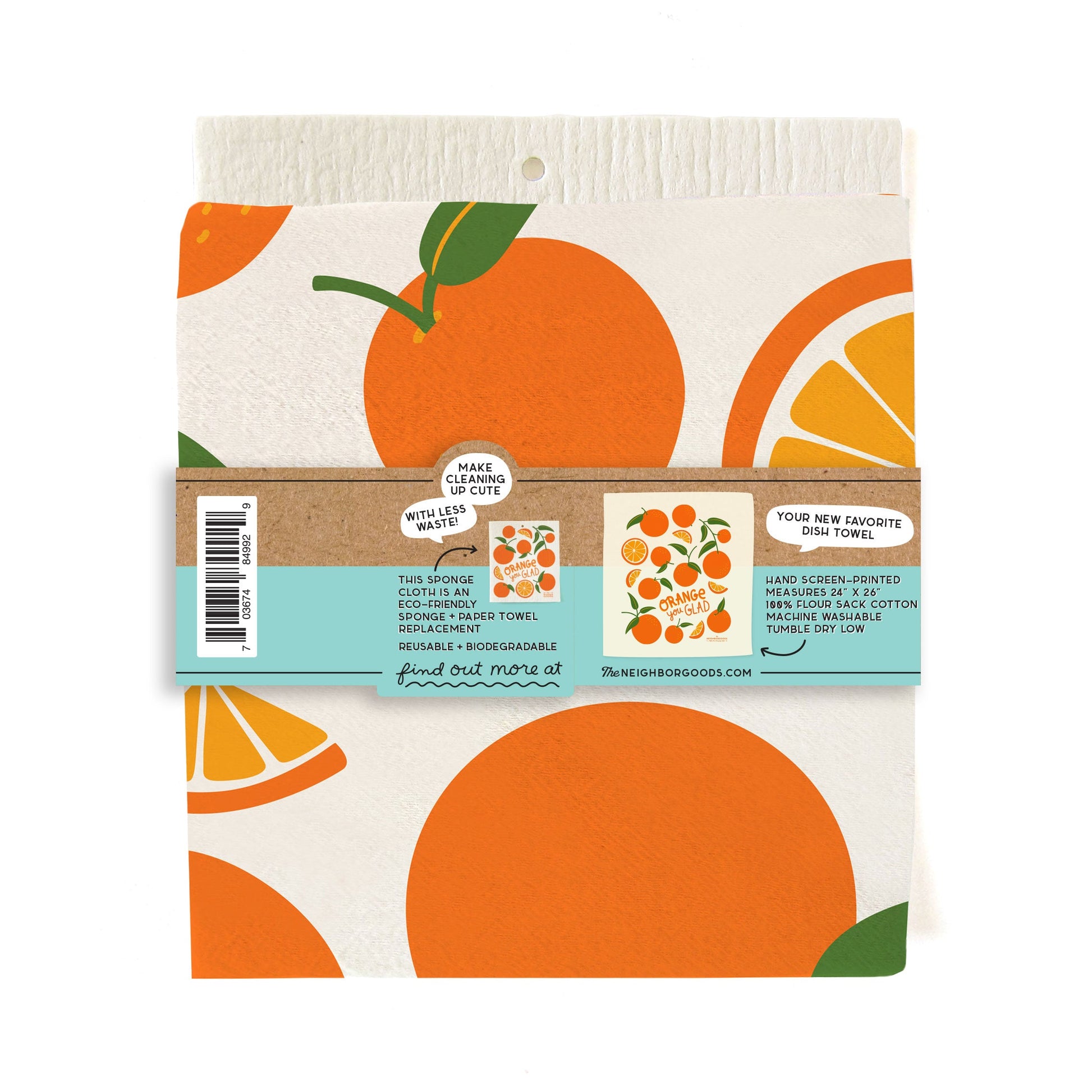 Cotton dish towel with oranges design, featuring the phrase "Orange you glad"