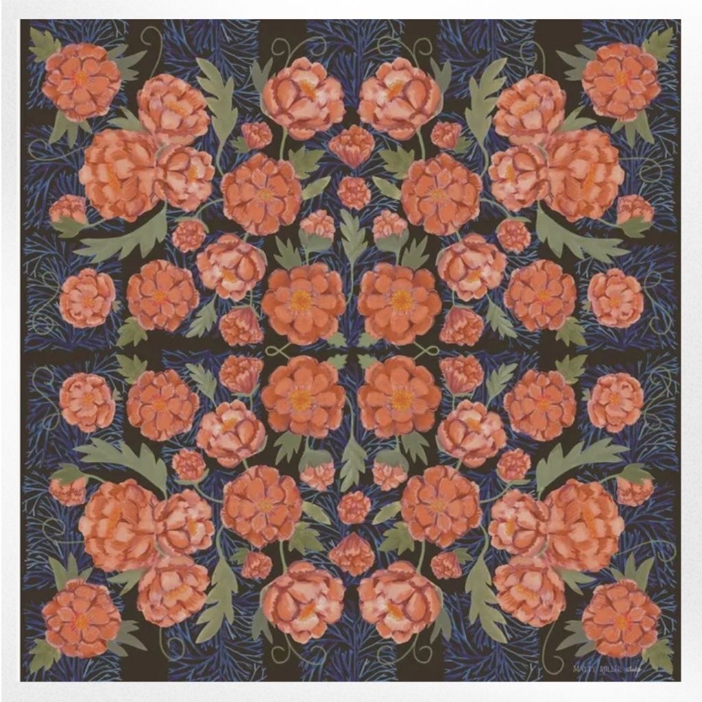 100% Silk Scarf: Guadalupe - Dark Floral Pattern