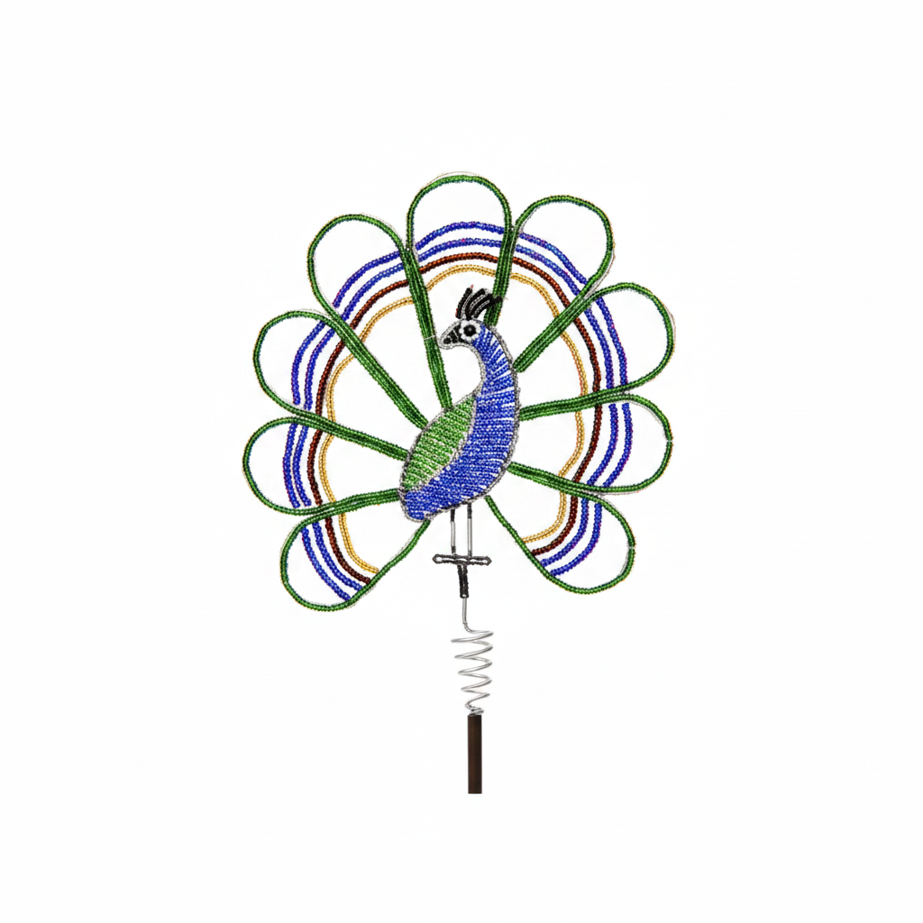 Handcrafted beaded peacock garden stake set of 3 on white background – 12PEAST1
