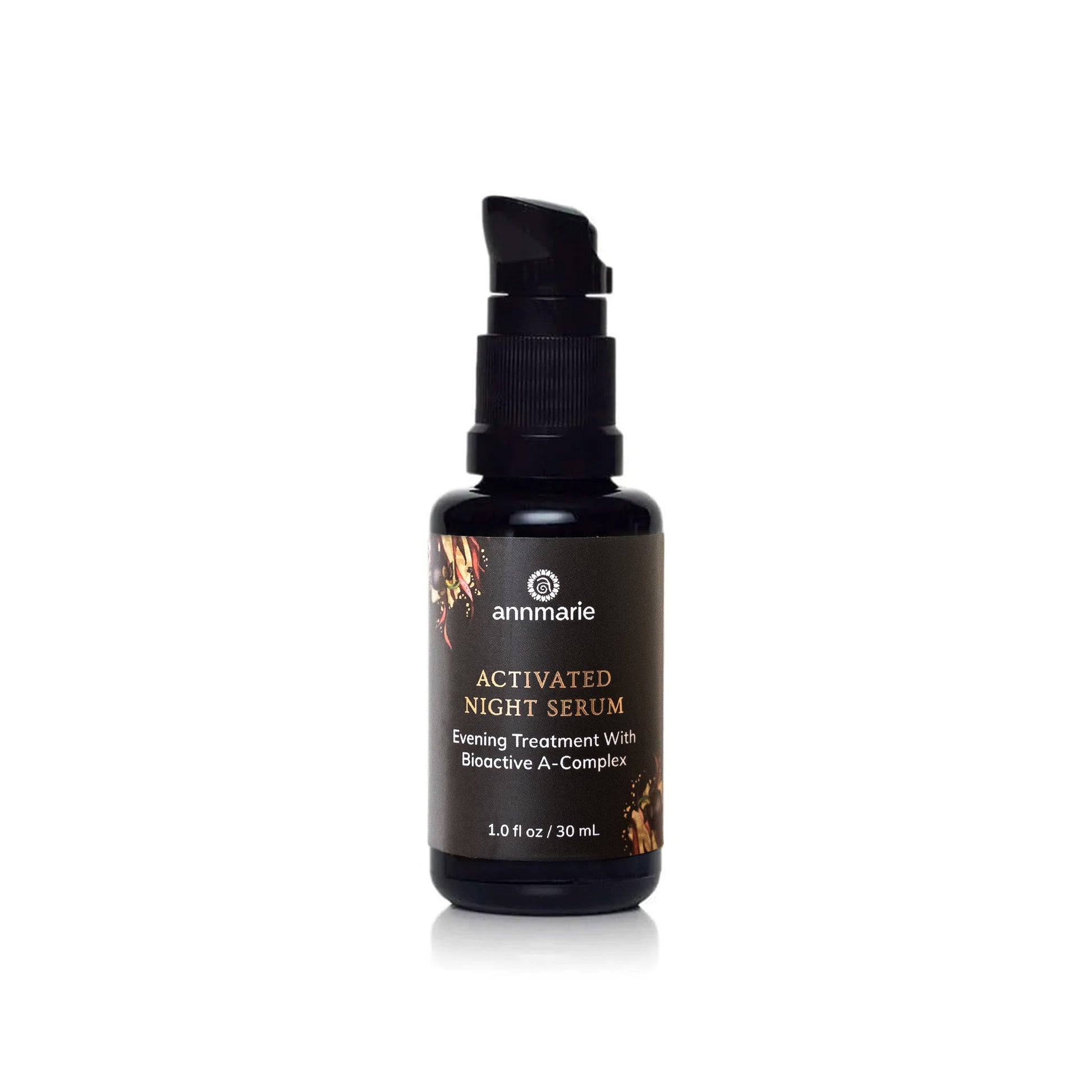 Activated Night Serum evening treatment with Bioactive A-Complex in a dark glass pump bottle, 1.0 fl oz / 30 mL.
