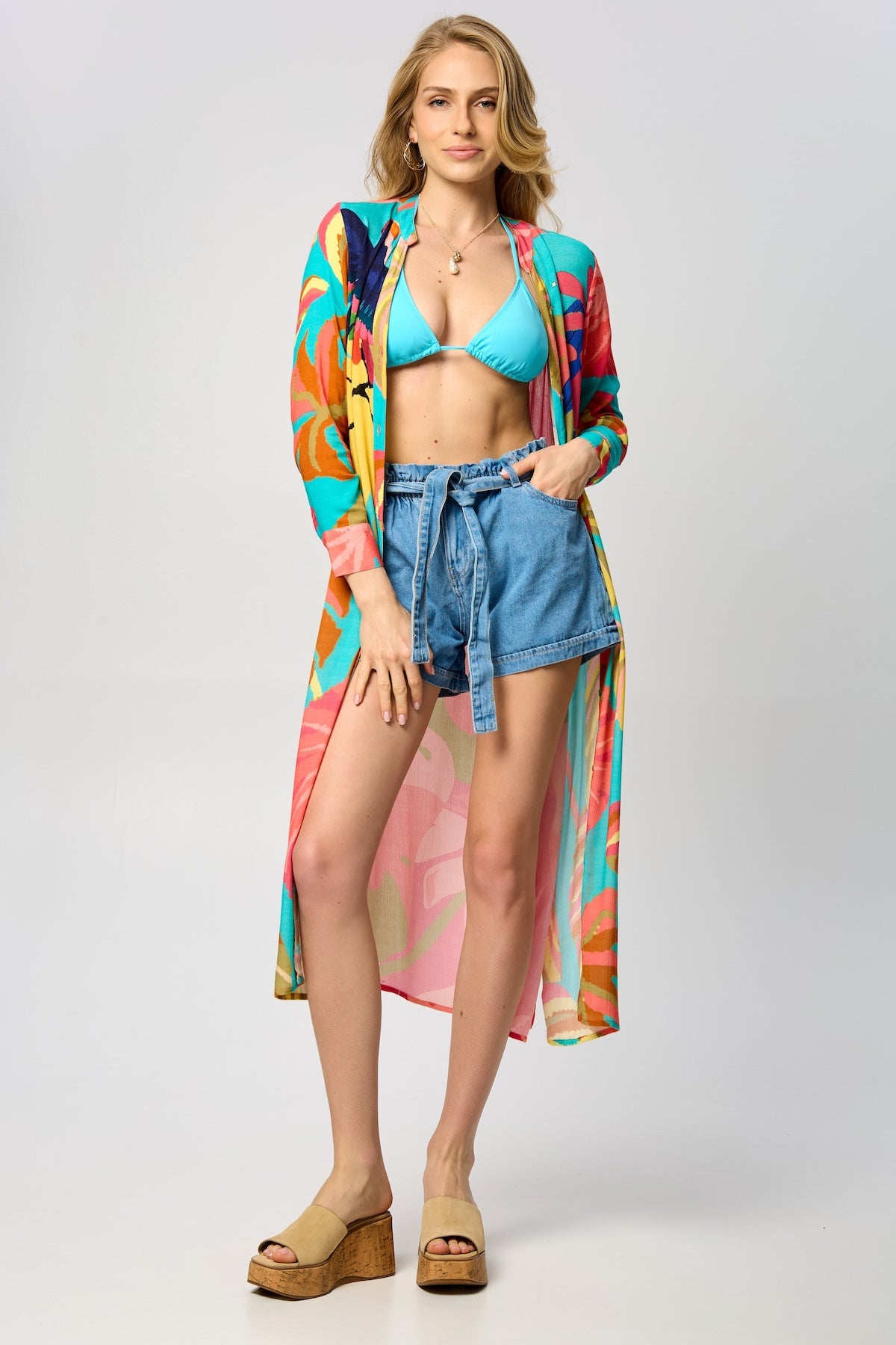 Tropical Button Long Kimono - Multi