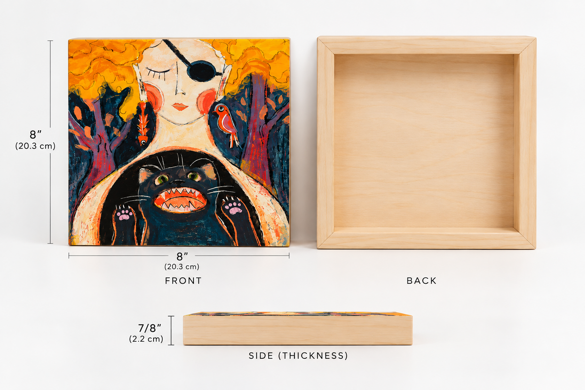 Inner Animal woman and black cat art print on 7/8 inch gesso board with natural wood sides