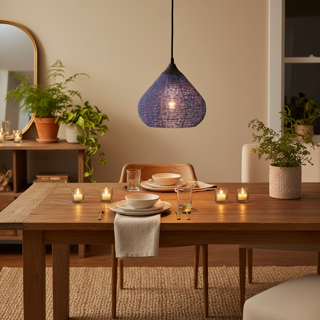 LeGourde Blue Pendant Light in a cozy dining room above a wooden table