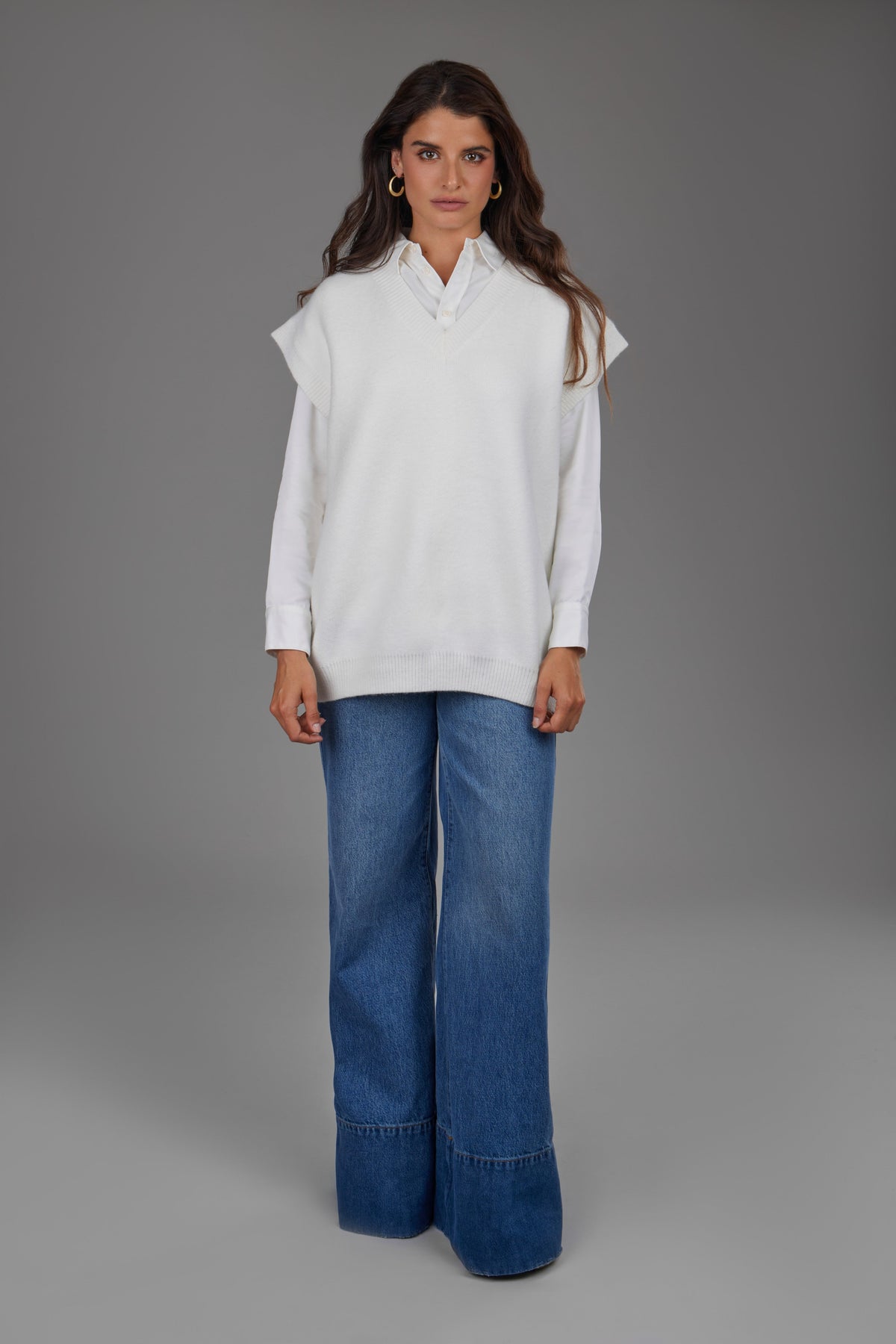 Cotton V Neck Sweater Vest White - White