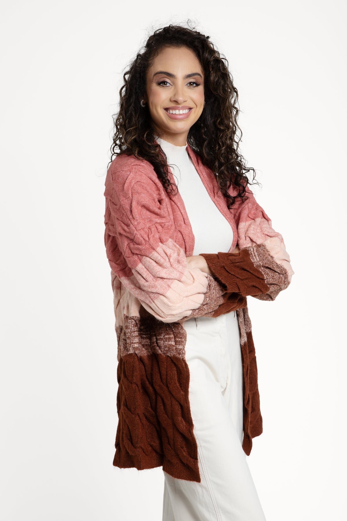 Cable Knit Color Block Cardigan - Dark Salmon