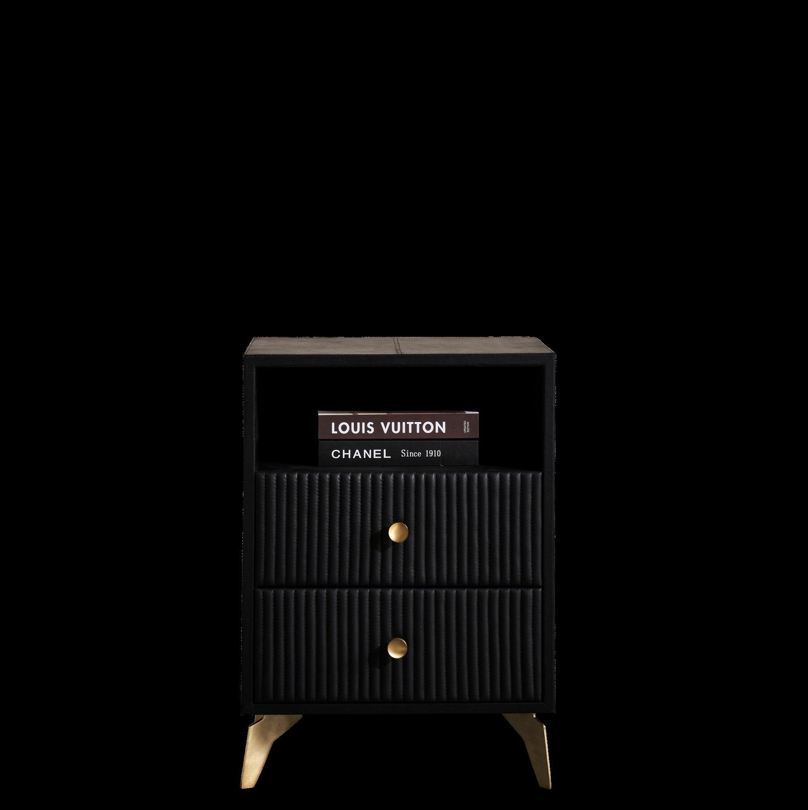 FN-5202-201828_2|Elegant black genuine leather nightstand featuring textured fluted drawer design and stylish gold knob hardware for modern furniture.