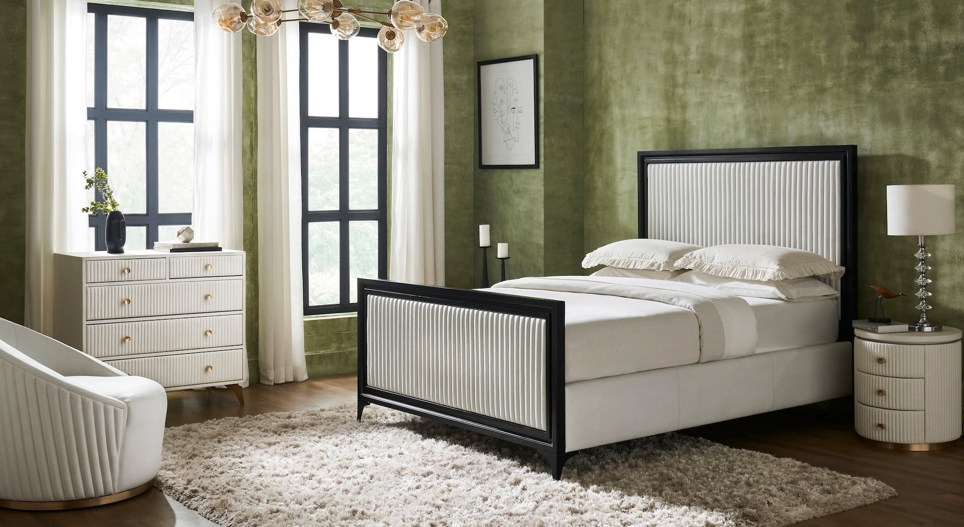 FN-5216-482036_7|Luxurious white ribbed leather bedroom furniture set, featuring a contemporary bed frame, elegant dresser, and nightstand.