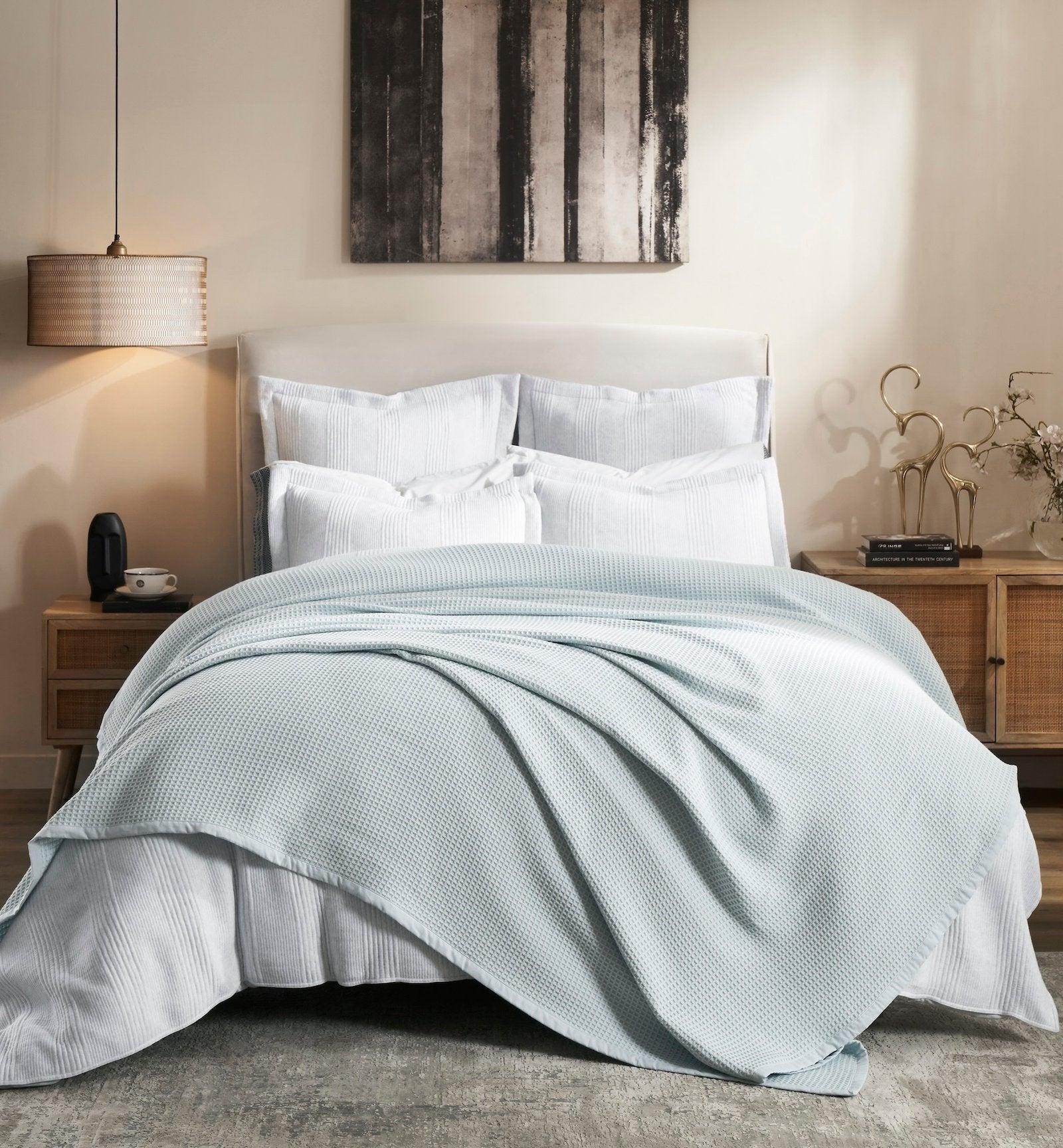 BL-857-11096_1|Light blue waffle knit blanket draped over a bed, a stylish and cozy bed throw for modern bedrooms. (113)