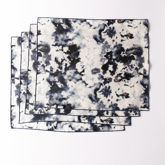 Grey Marble linen placemat set of 4 with swirling grey black and blue watercolor pattern - Goldie Home