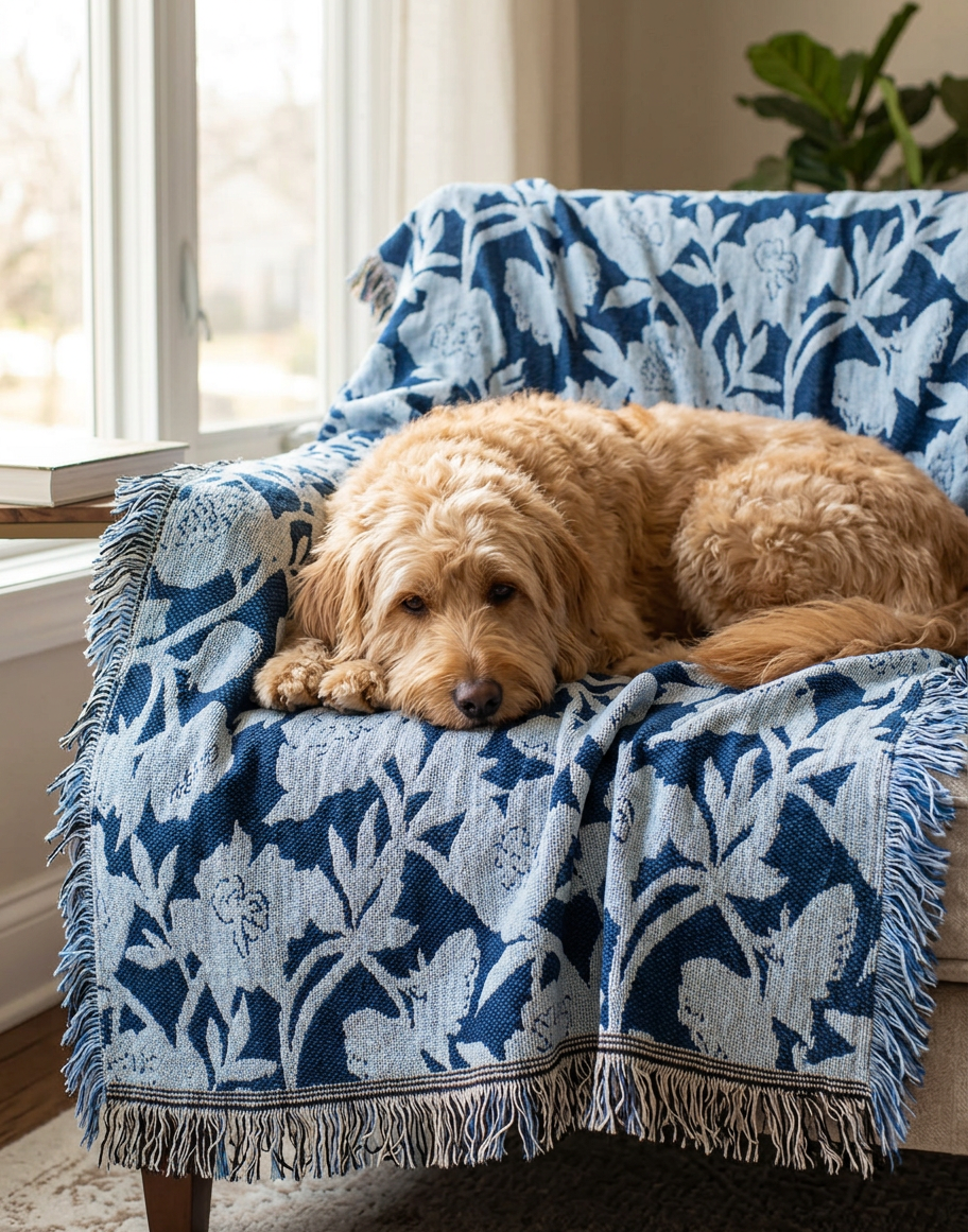 Folded blue and light blue floral blanket from the front side with fringe on a light background