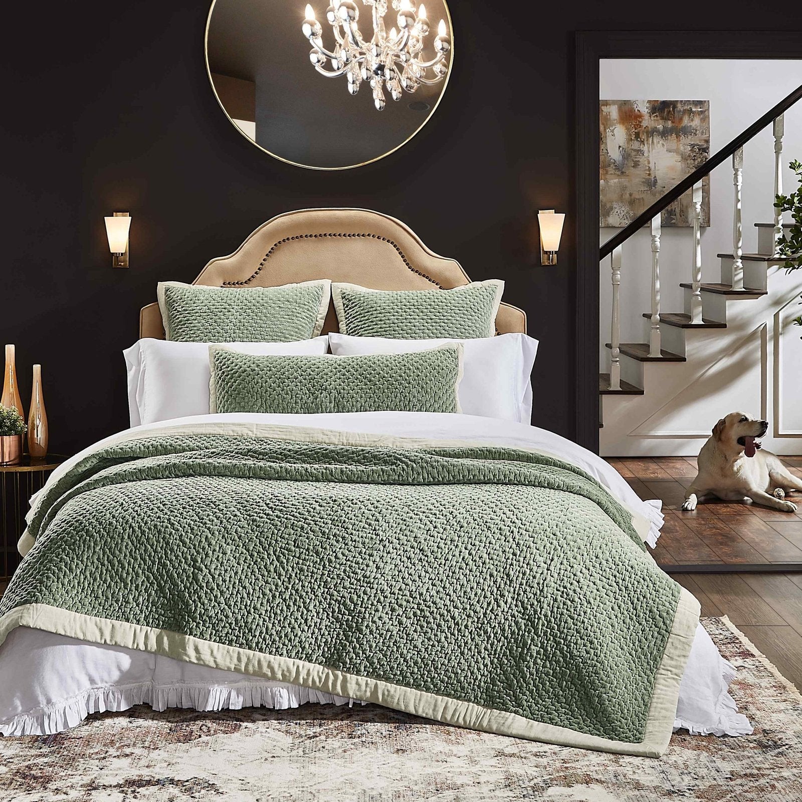 QT-328-DUP-X_2|Sophisticated olive green quilt featuring a unique textured pattern and a stylish light cream border, draped beautifully.