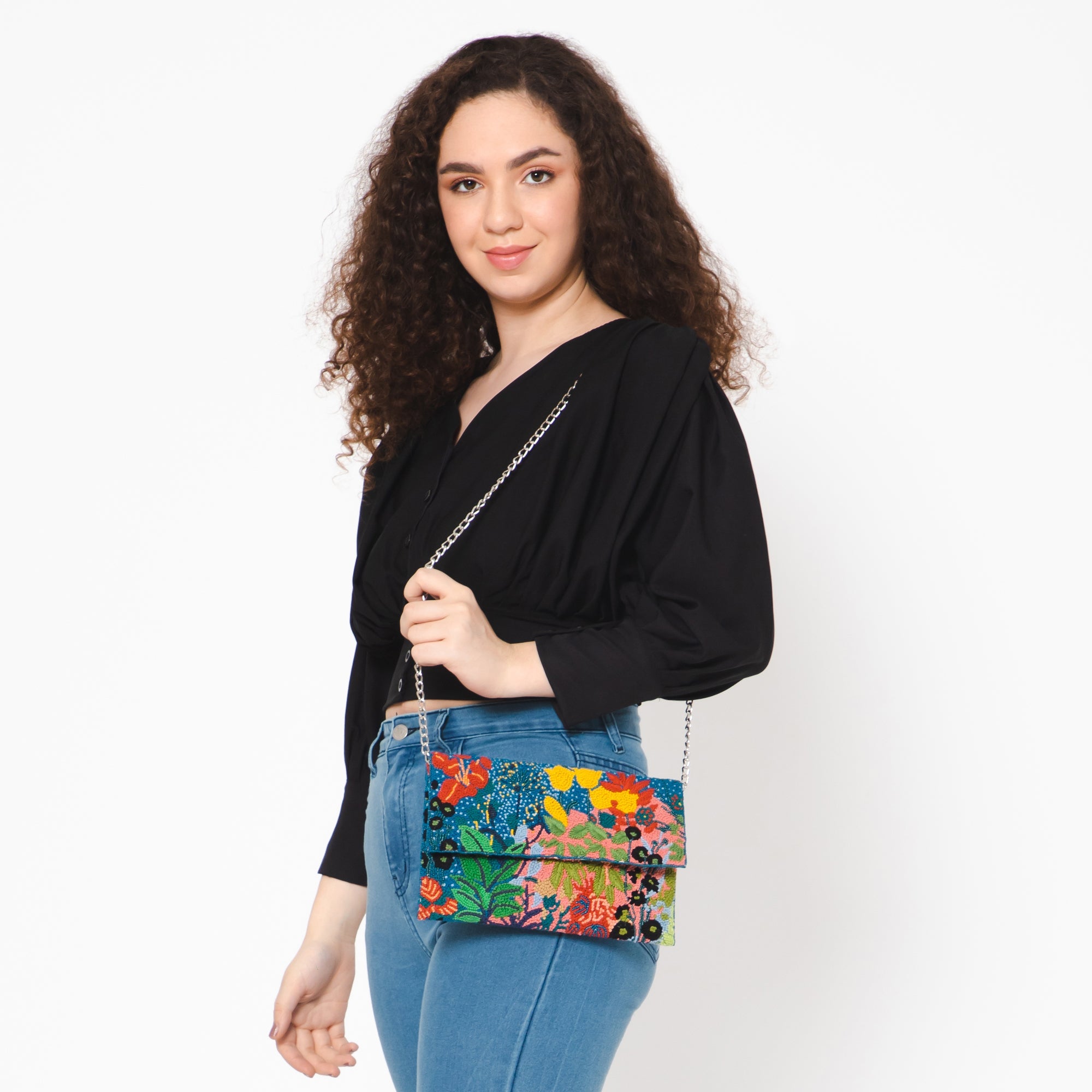 Festive Floral Embroidered Clutch - Blue Multi