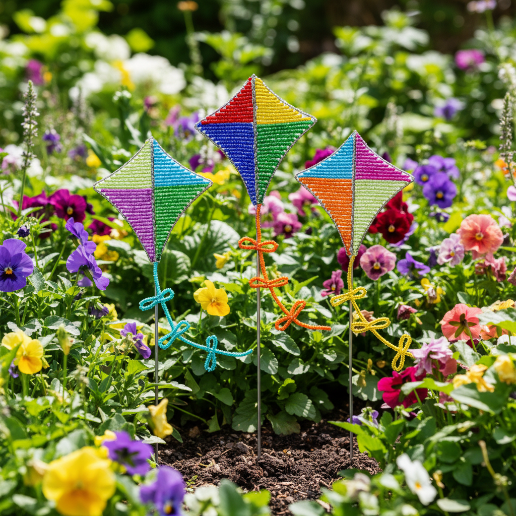 Colorful beaded kite garden stakes displayed in a lush garden with blooming flowers