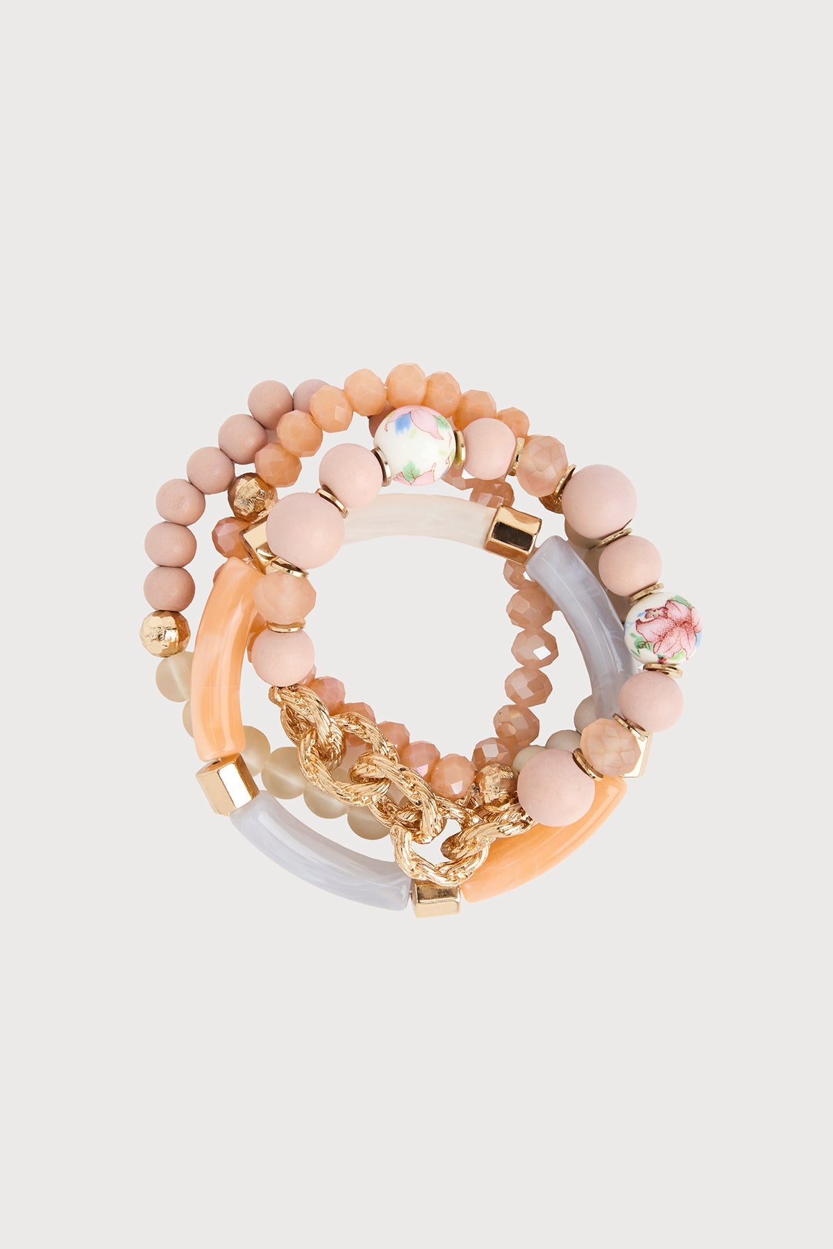 Beaded Wood Chain Link Bracelet Set - Dark salmon