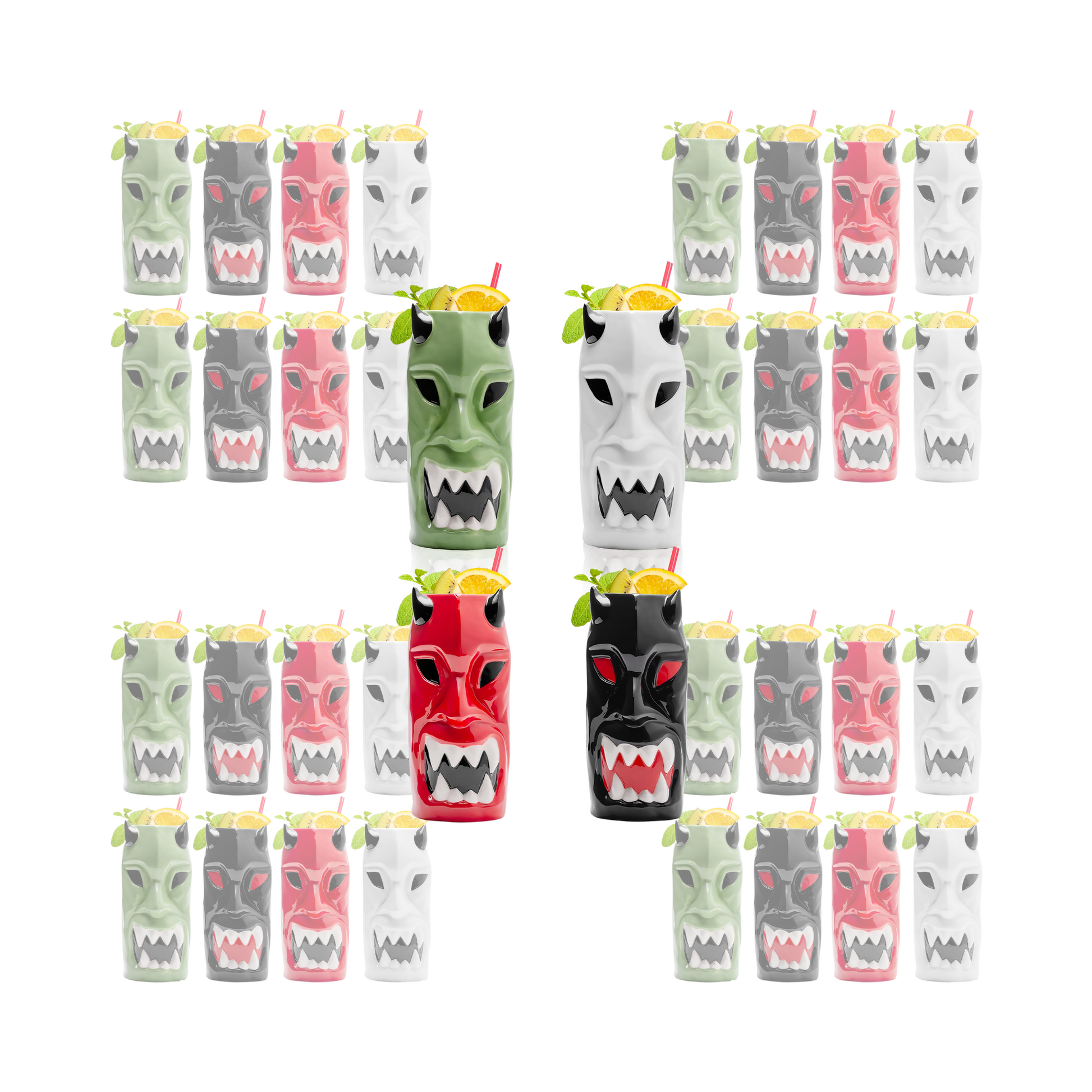 Ceramic Horned Hawaiian Tiki Mugs Set of 4